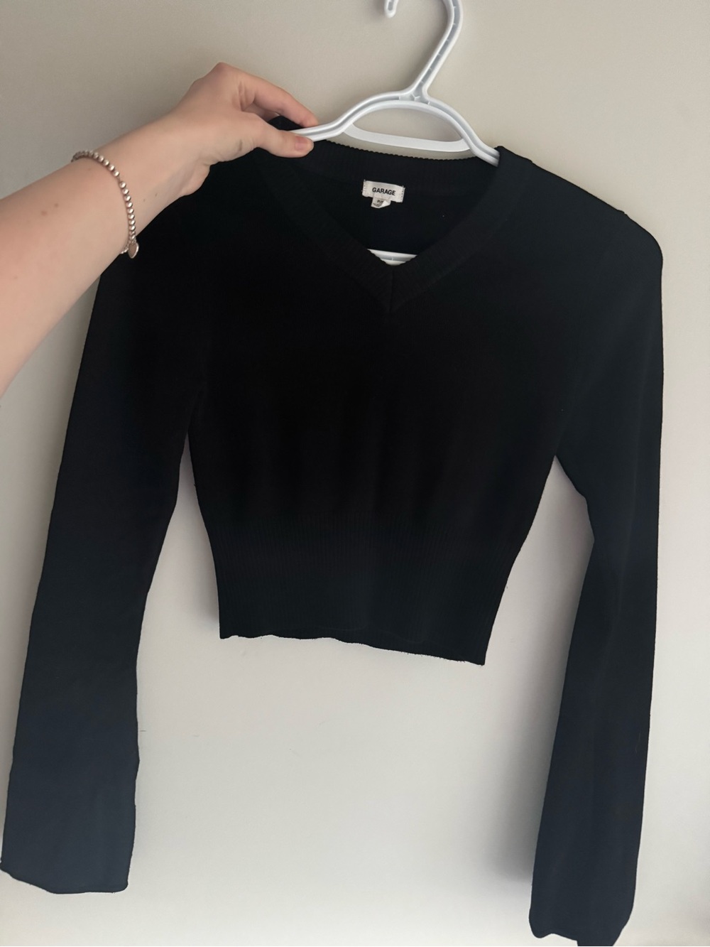 Garage Black V-Neck Ribbed Cropped Sweater with flared long sleeves